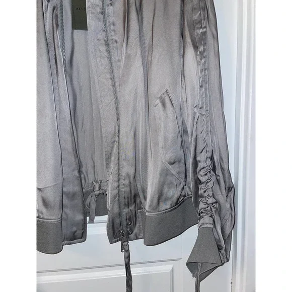 NWT All Saints Ellis ruched-sleeve Bomber Jacket Silver Grey Women Size Large - Picture 5 of 6